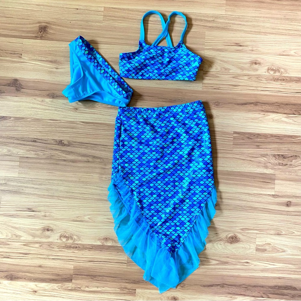 Girls Wonder Nation Blue Mermaid Bikini with Mermaid Tail Skirt-Size 6-6X